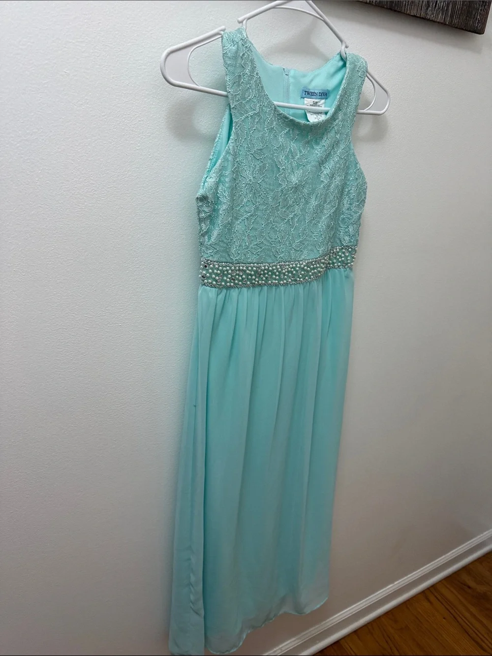 Tween Dive Girls' Aqua Lace Chiffon Gown with Beaded Waistband